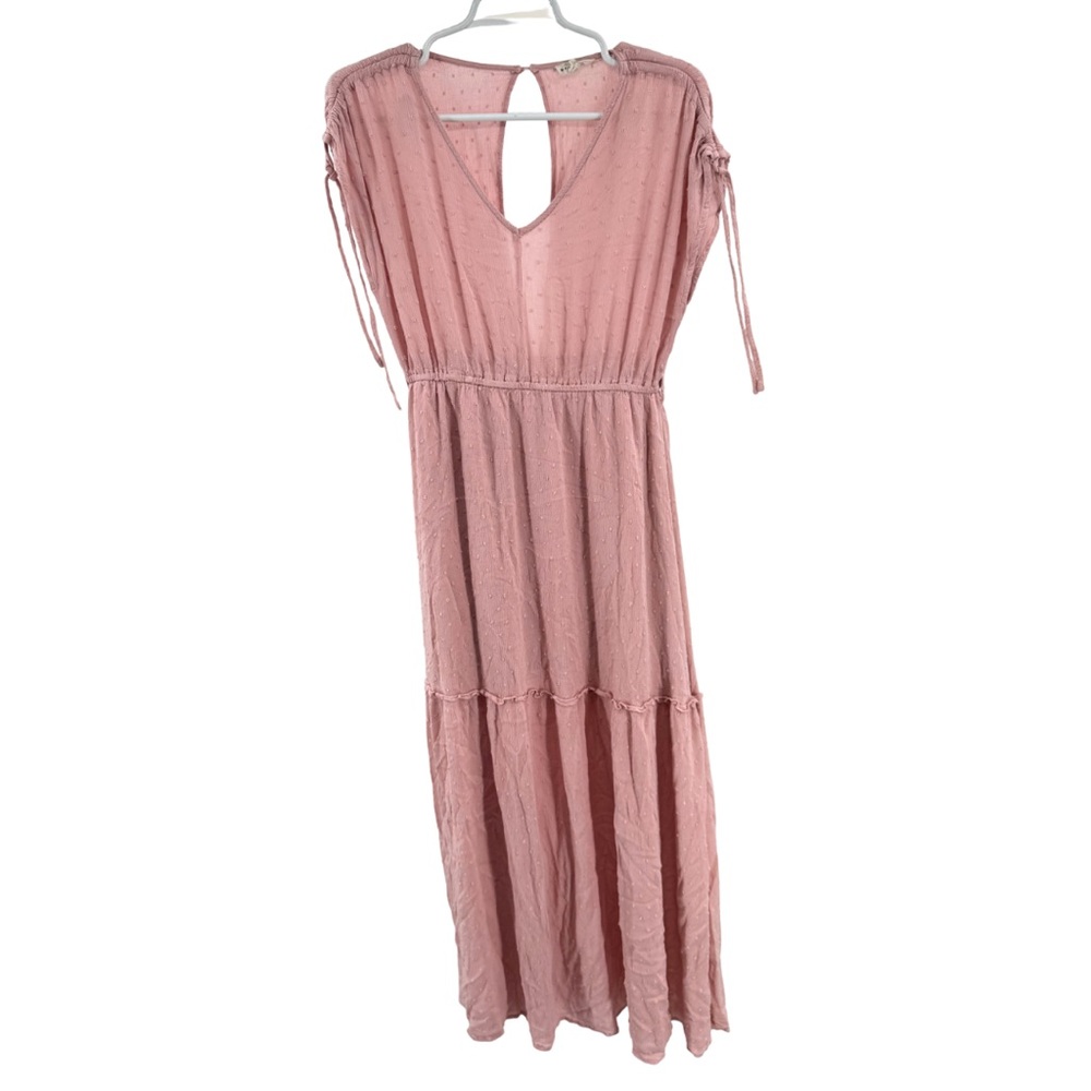 Main Strip Pink Maxi Dress M Swiss dot tiered keyhole back cottage prairie boho